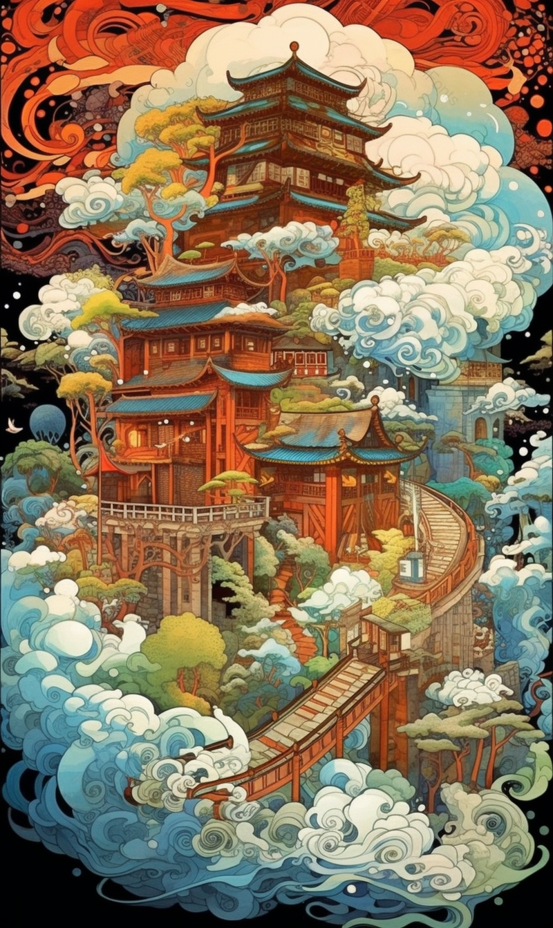 中国风古楼创意插画背景,插画/手绘图,插画/手绘图库,插画/手绘图下载,插画/手绘